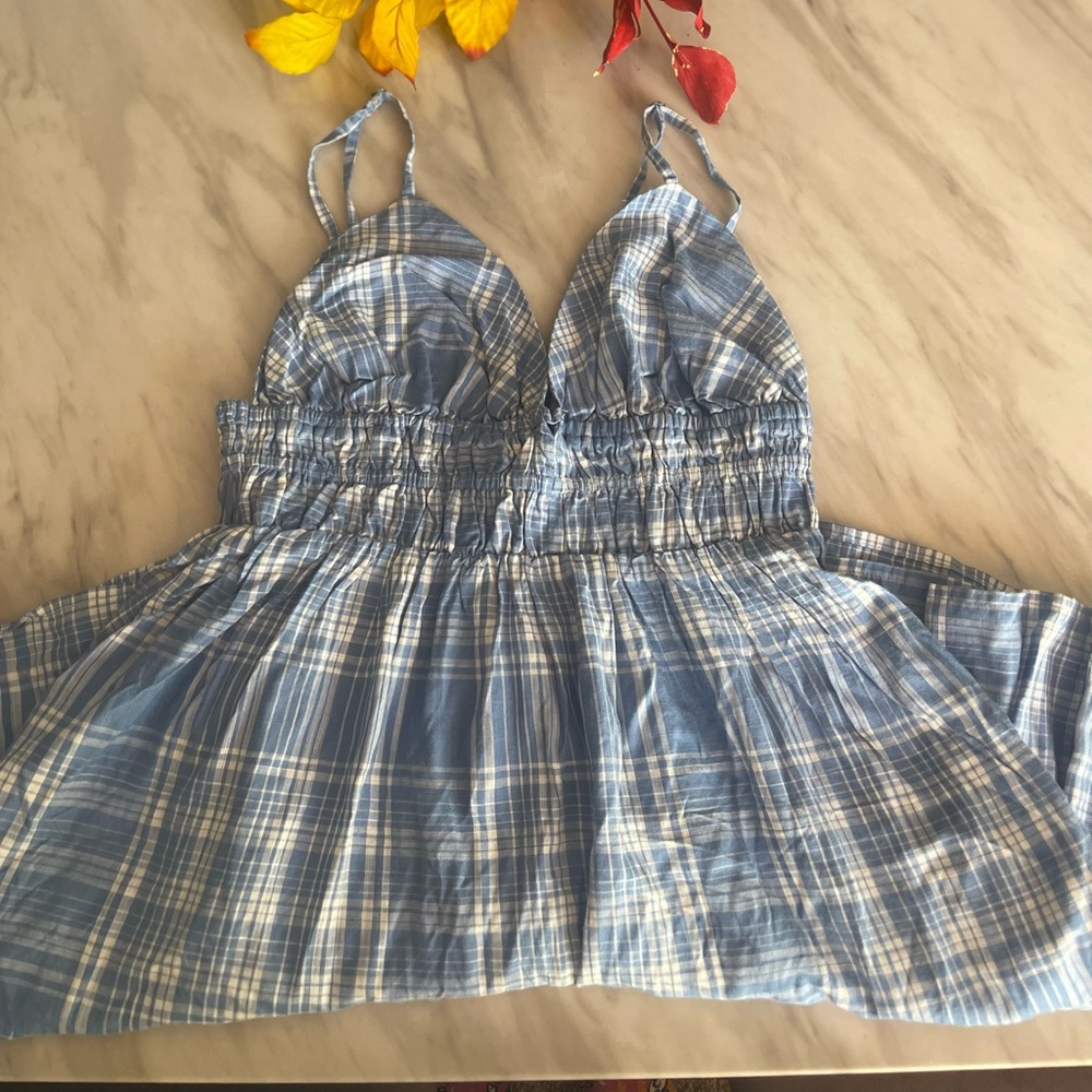 Blue Plaid Spaghetti Strap Dress
